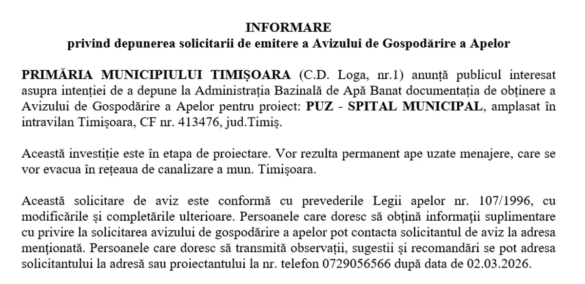 INFORMARE privind depunerea solicitarii de emitere a Avizului de Gospodărire a Apelor