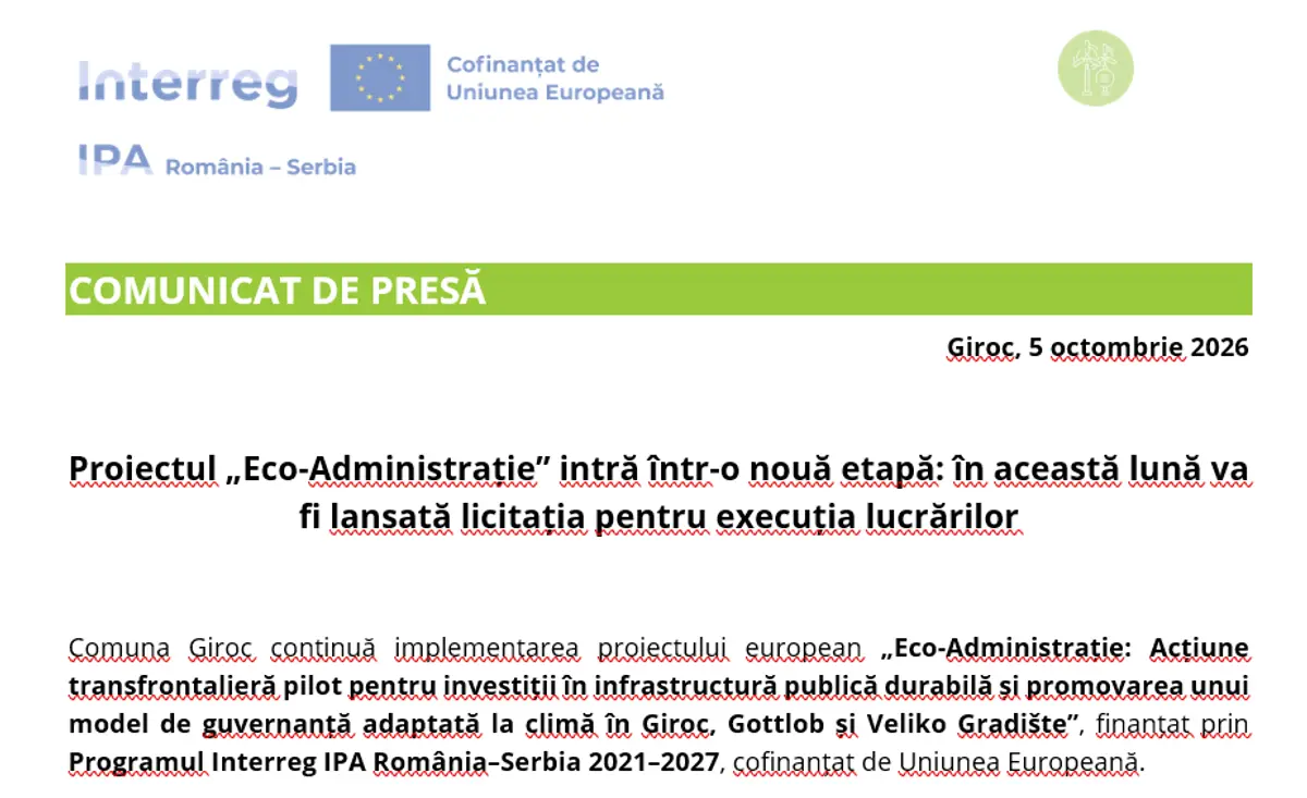 Proiectul „Eco-Administrație” intră într-o nouă etapă: în această lună va fi lansată licitația pentru execuția lucrărilor
