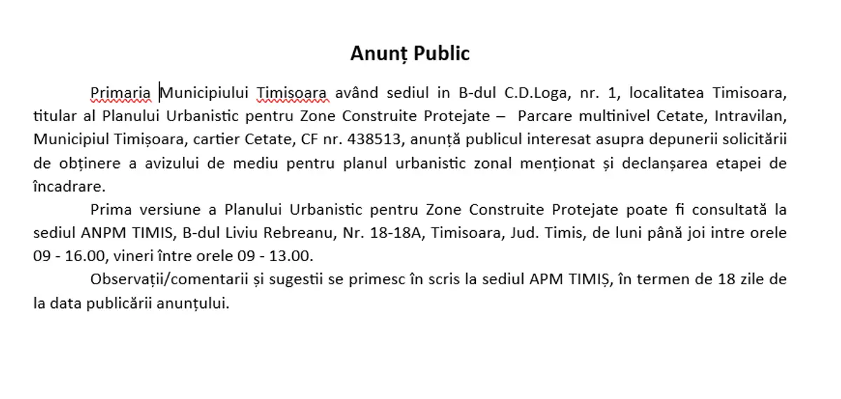 Anunț Public -  PUZ Parcare Multinivel Cetate