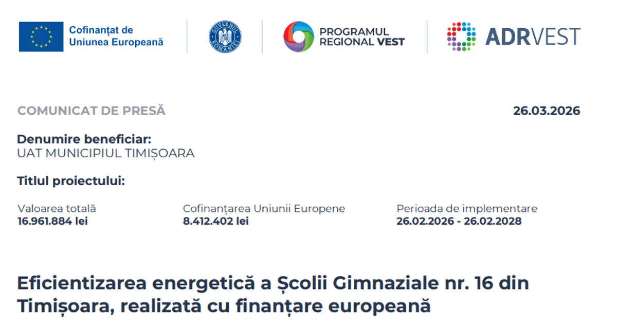 Eficientizarea energetică a Școlii Gimnaziale nr. 16 din Timișoara, realizată cu finanțare europeană