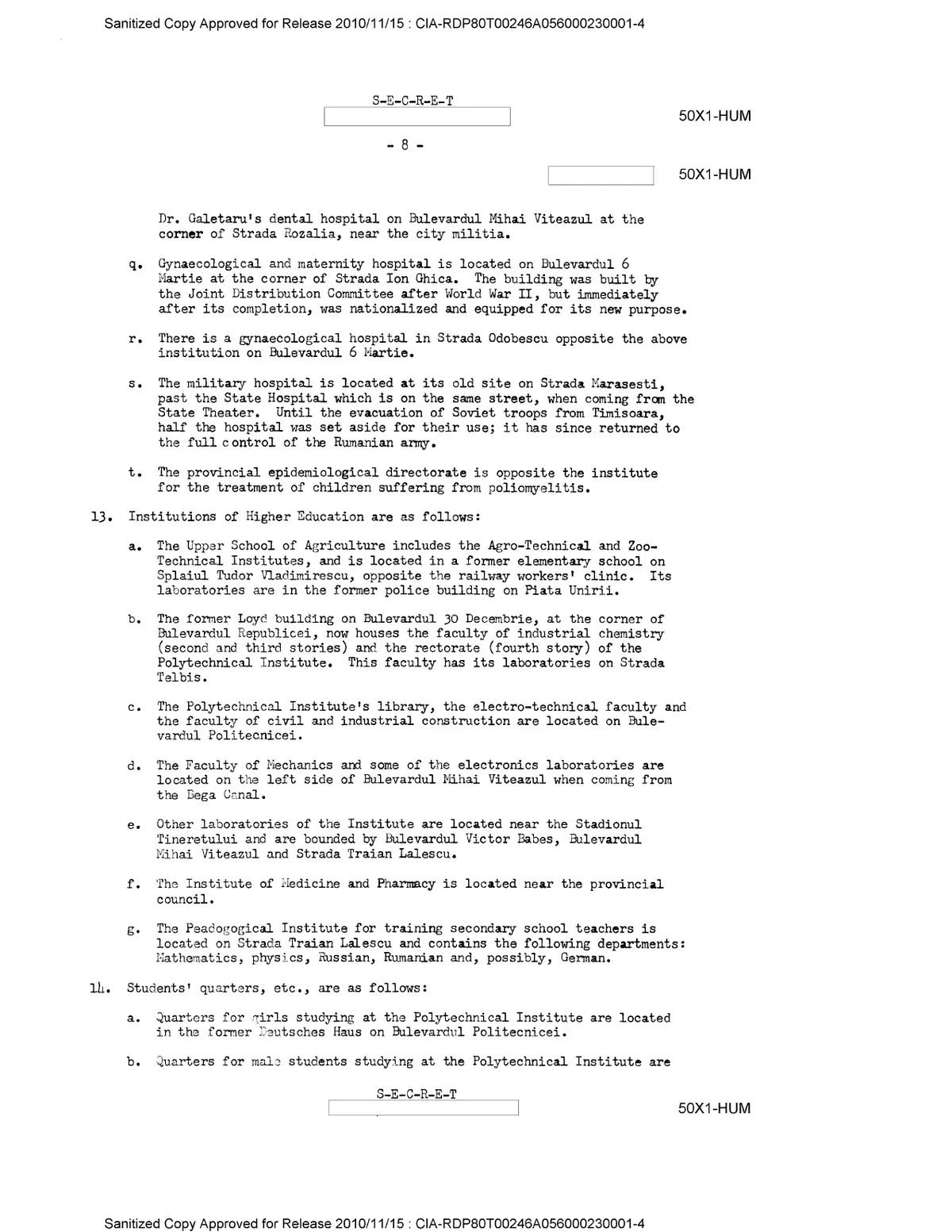 CIA a publicat hărți și informații urbane adunate despre Timișoara în 1960