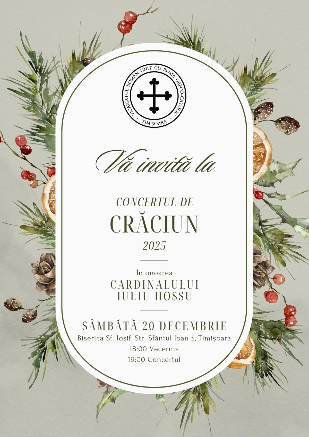 Concert de Crăciun dedicat Cardinalului Iuliu Hossu, organizat în două biserici din Timișoara