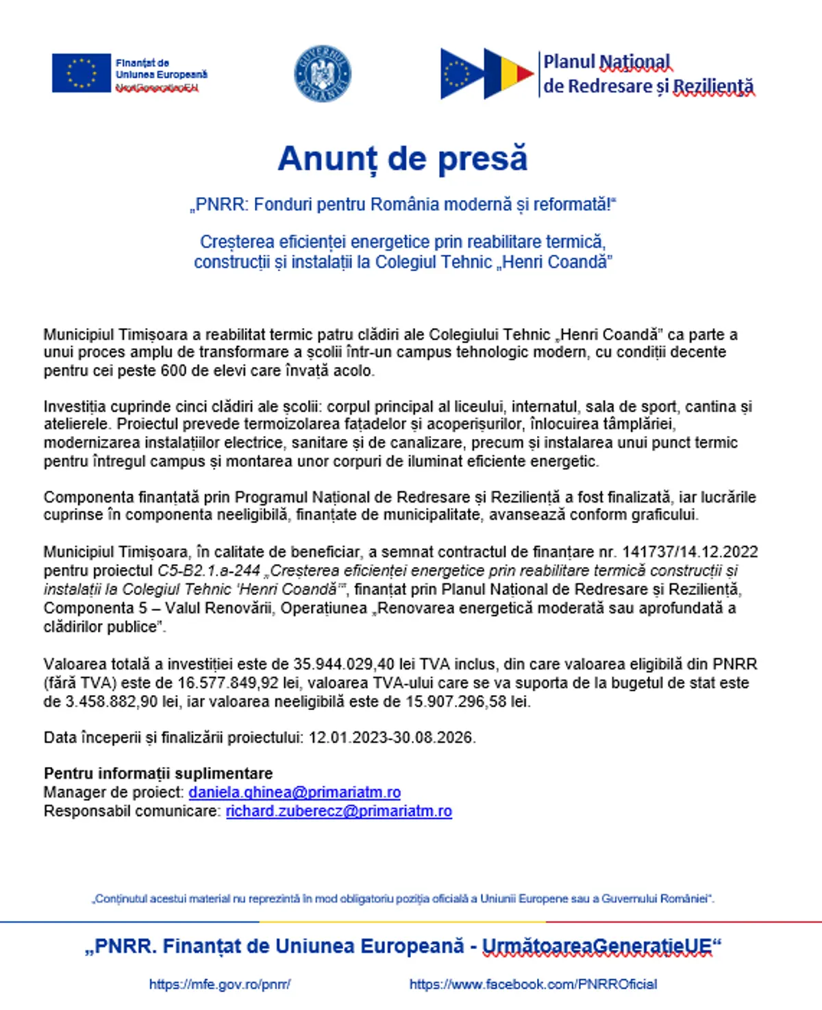 Anunț de presă: Creșterea eficienței energetice prin reabilitare termică, construcții și instalații la Colegiul Tehnic „Henri Coandă”