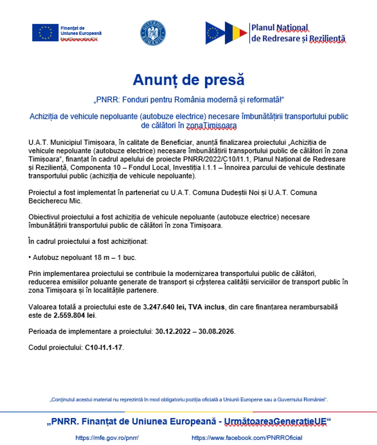 Anunț de presă: Achiziția de vehicule nepoluante (autobuze electrice) necesare îmbunătățirii transportului public de călători în zonaTimișoara 