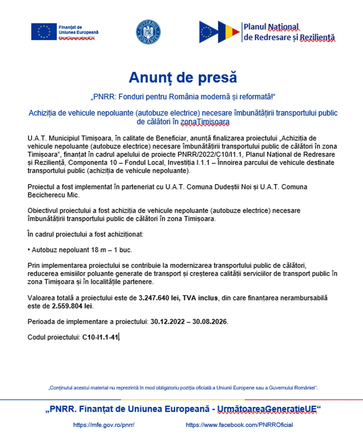 Anunț de presă: Achiziția de vehicule nepoluante (autobuze electrice) necesare îmbunătățirii transportului public de călători în zonaTimișoara 