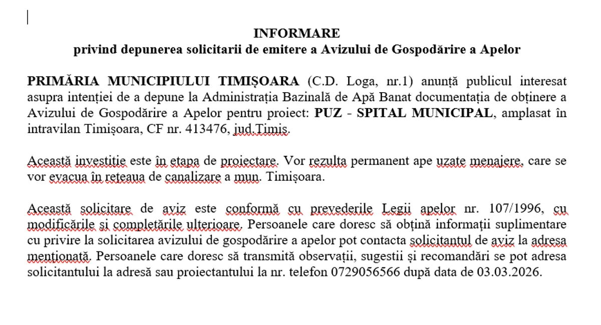 INFORMARE privind depunerea solicitarii de emitere a Avizului de Gospodărire a Apelor