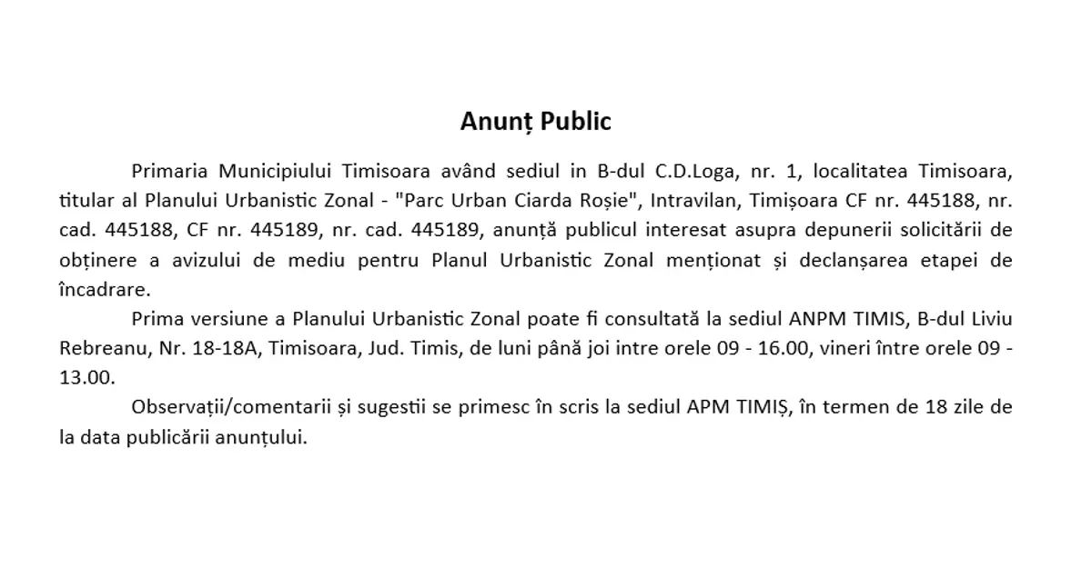 Anunț Public - PUZ Parc Urban Ciarda Roșie