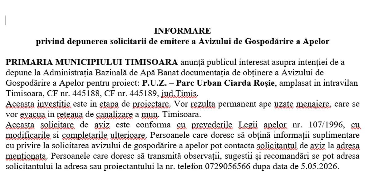 INFORMARE privind depunerea solicitarii de emitere a Avizului de Gospodărire a Apelor