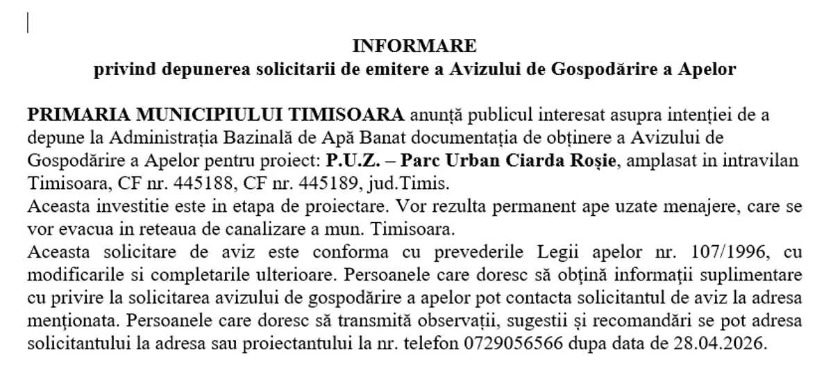 INFORMARE privind depunerea solicitarii de emitere a Avizului de Gospodărire a Apelor