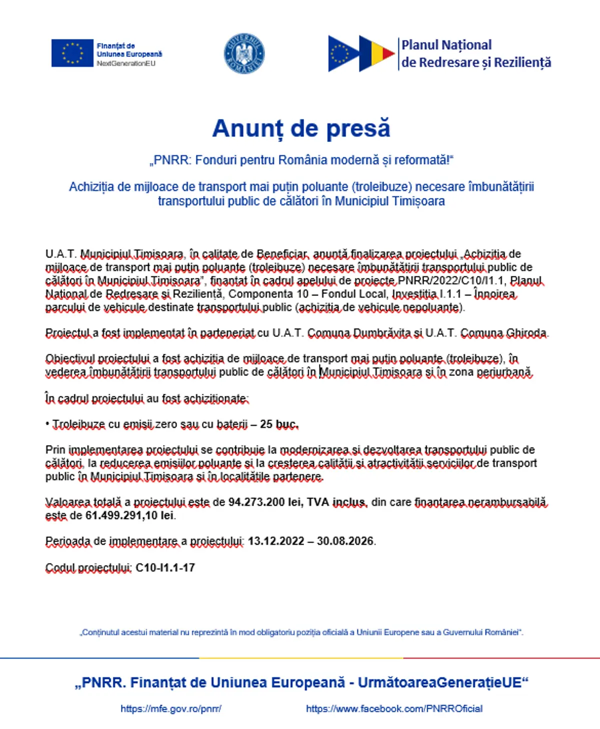 Anunț de presă: Achiziția de mijloace de transport mai puțin poluante (troleibuze) necesare îmbunătățirii transportului public de călători în Municipiul Timișoara 