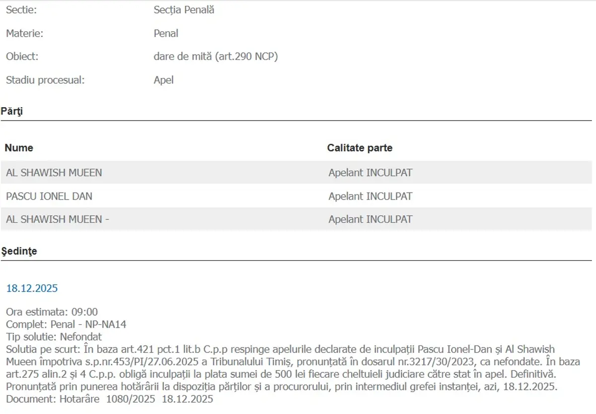 Sentința pronunțată de Curtea de Apel Timișoara
