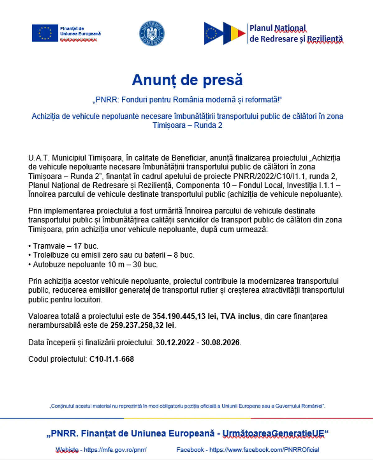 Anunț de presă: Achiziția de vehicule nepoluante necesare îmbunătățirii transportului public de călători în zona Timișoara – Runda 2 