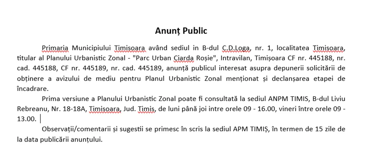 Anunț public - PUZ Parc Ciarda Roșie