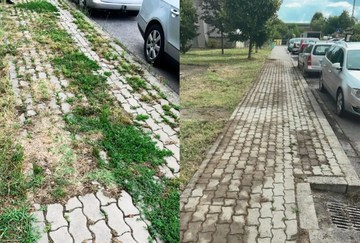 Un trotuar din Timișoara înainte și după trecerea echipelor SaluT