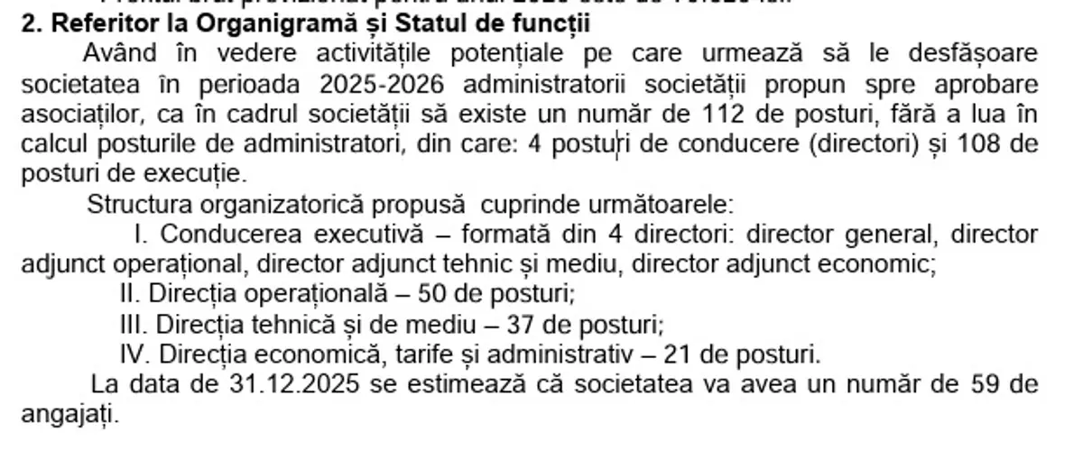 Organigrama ECO SERV unde se propune angajarea a 59 de persoane până în 31 decembrie 2025