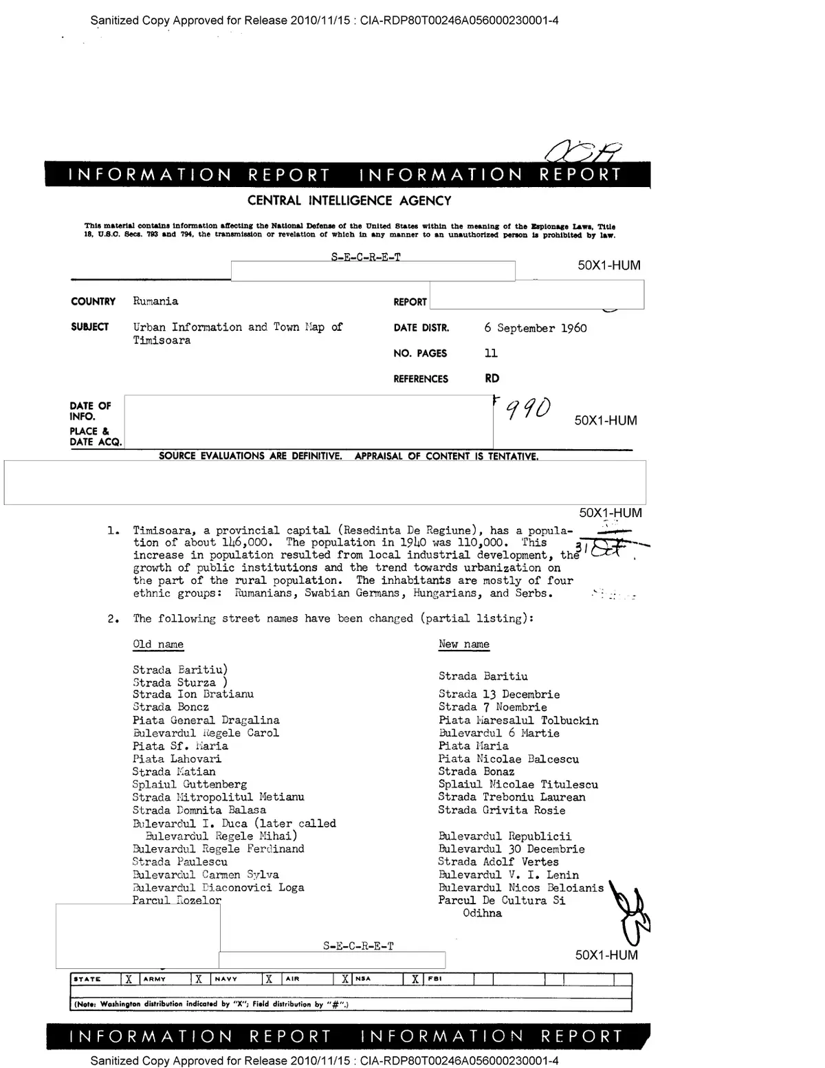 CIA a publicat hărți și informații urbane adunate despre Timișoara în 1960
