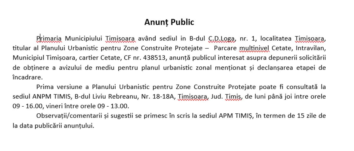 Anunț public - PUZ Parcare multinivel Cetate 