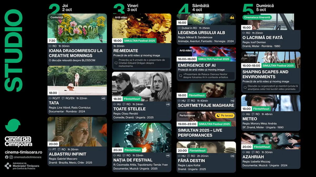  Programul săptămânii 1 - 5 Octombrie, la Cinema Studio